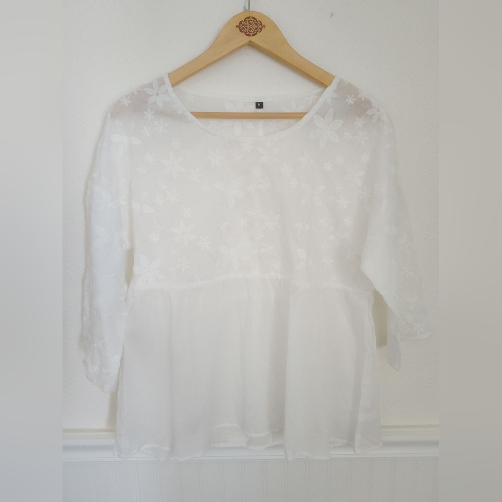 Embroidered White Babydoll Top Size M